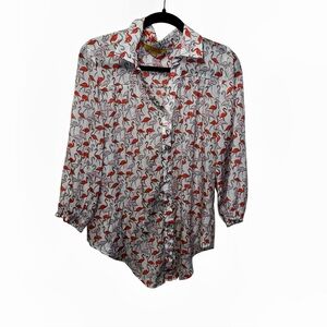 Hope & Harlow white pink flamingo button front shirt blouse medium m like new